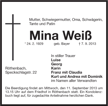 Traueranzeige von Weiß Mina von Pegnitz-Zeitung